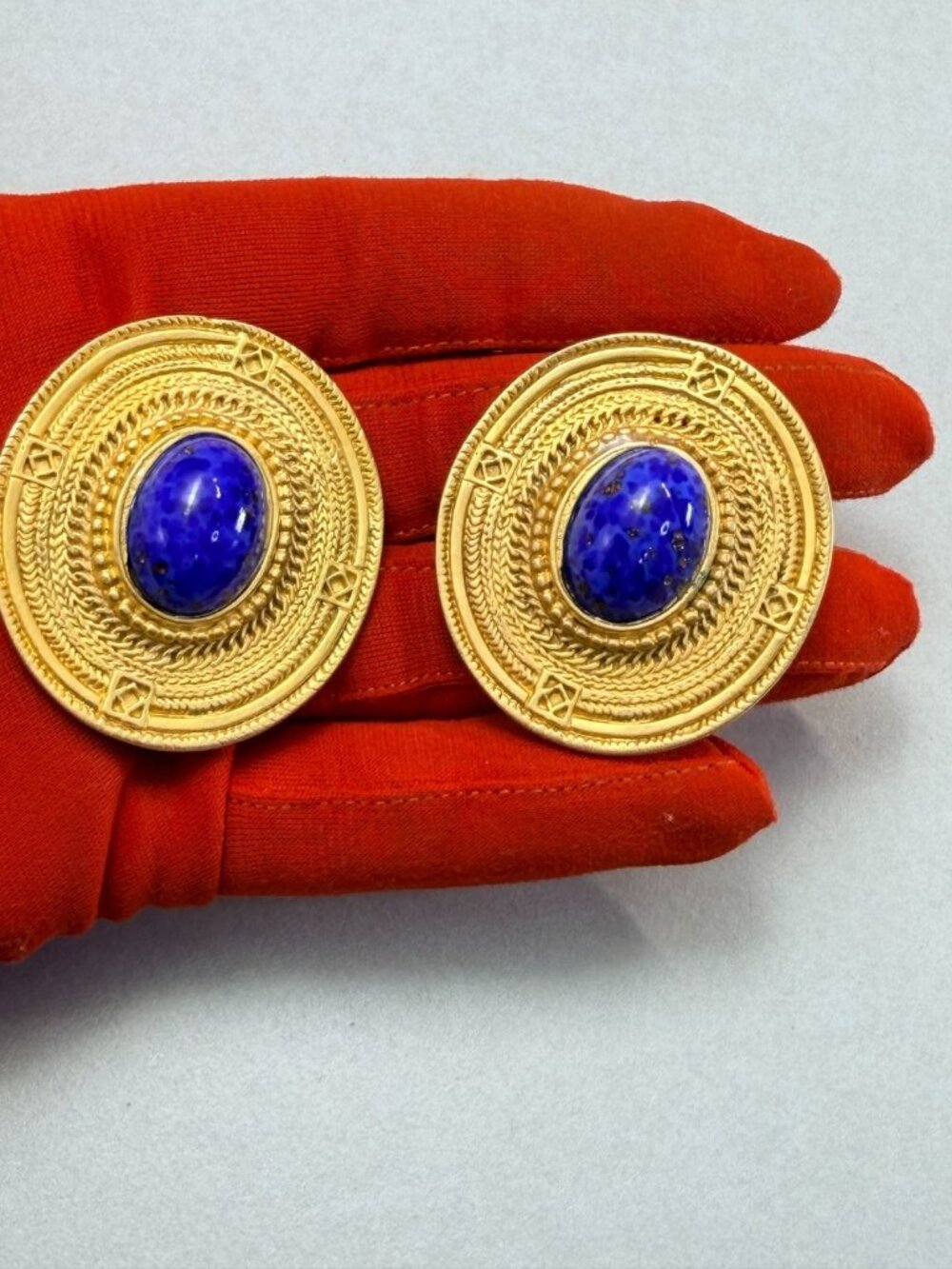 Vintage Oversized Blanca Lapis Style Medallion Clip Earrings Runway 80s